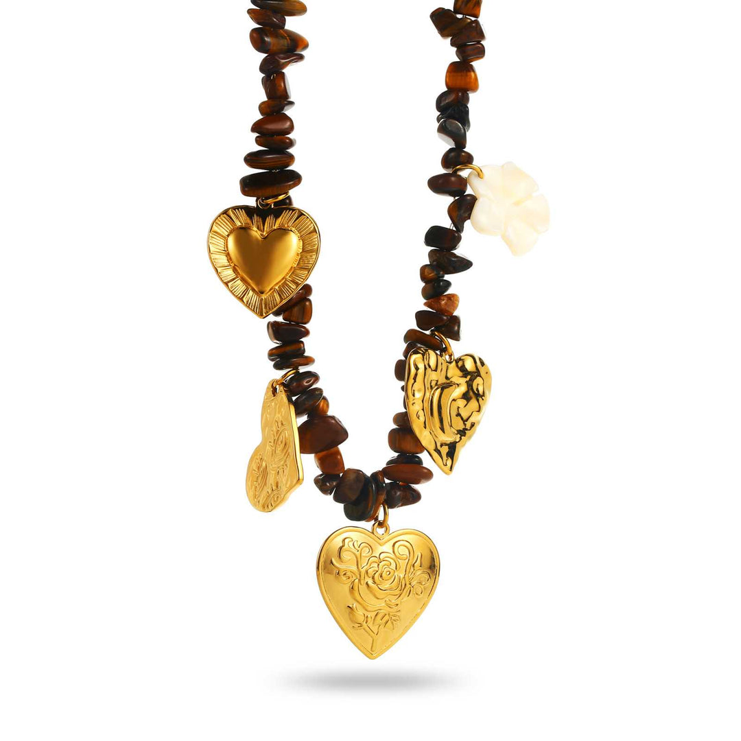 Collier doré en acier inoxydable avec fausses pierres marron, breloques cœurs dorés et fleur en résine blanche, réglable 40+5 cm, hypoallergénique