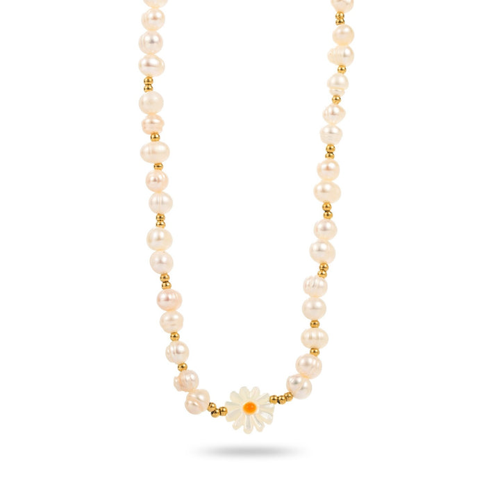 Collier en acier inoxydable avec perles de nacre et pendentif marguerite blanche – bijou hypoallergénique et résistant à l’eau