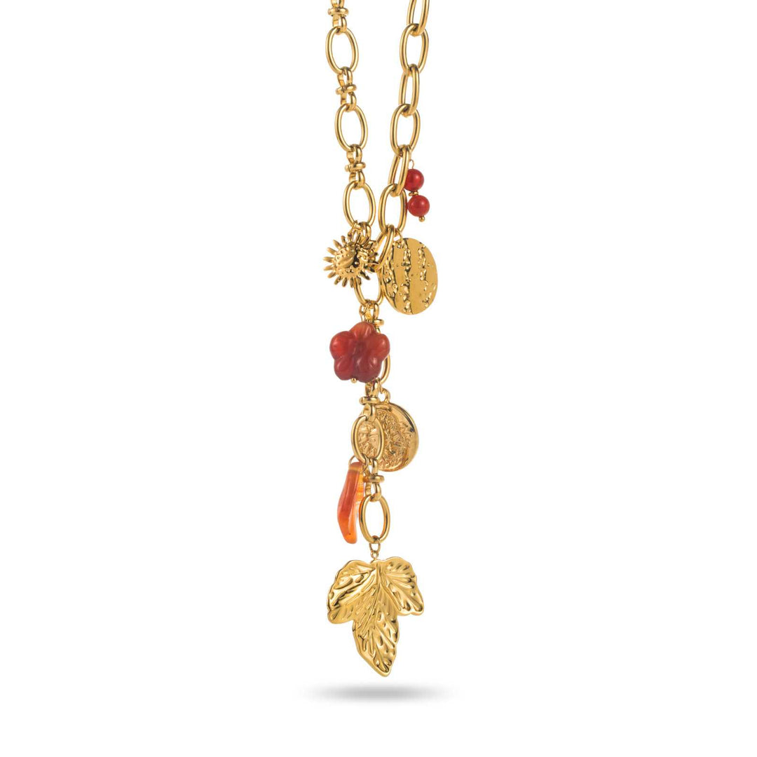 Collier en Y maille dorée en acier inoxydable avec breloques perles et fleurs rouges, touche orange, feuille, soleil et médaillon, longueur réglable 38+15 cm.