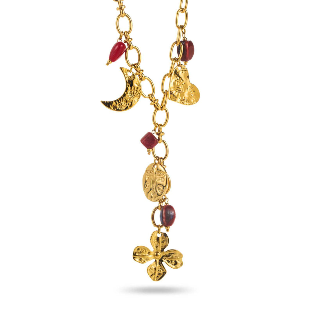 Collier en Y doré en acier inoxydable avec breloques cœur, trèfle, lune et pierres rouges, réglable, résistant à l’eau et hypoallergénique.