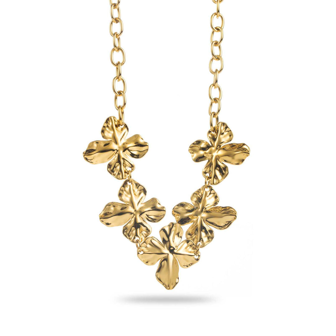 Collier doré à maillons avec cinq fleurs en acier inoxydable, ajustable et résistant à l’eau