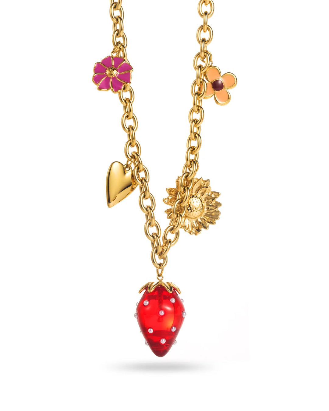Collier doré en acier inoxydable avec pendentif fraise rouge et charms fleurs pour femme tendance.