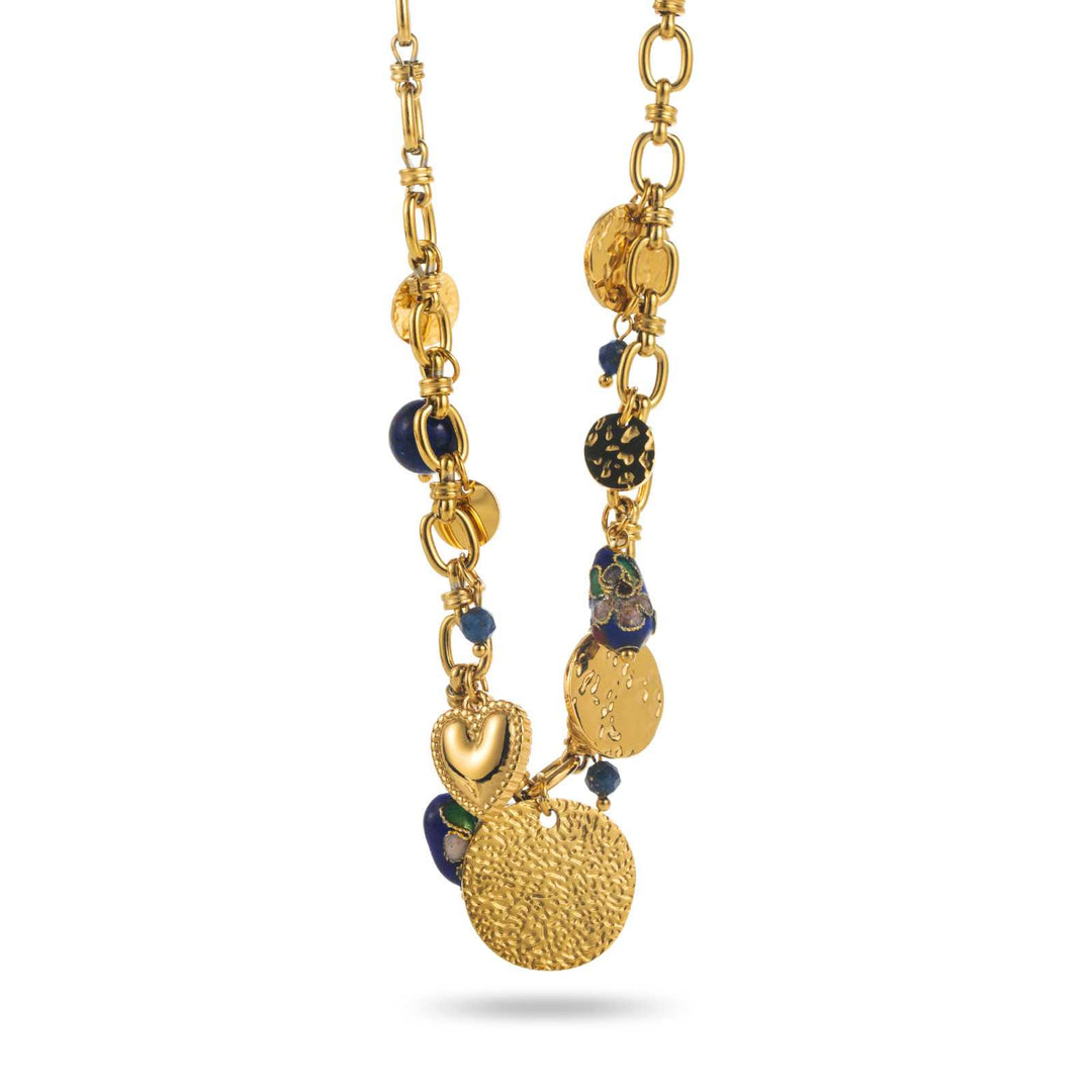 Collier en maille acier inoxydable doré et marine avec médaillon martelé, breloques bleues et cœur