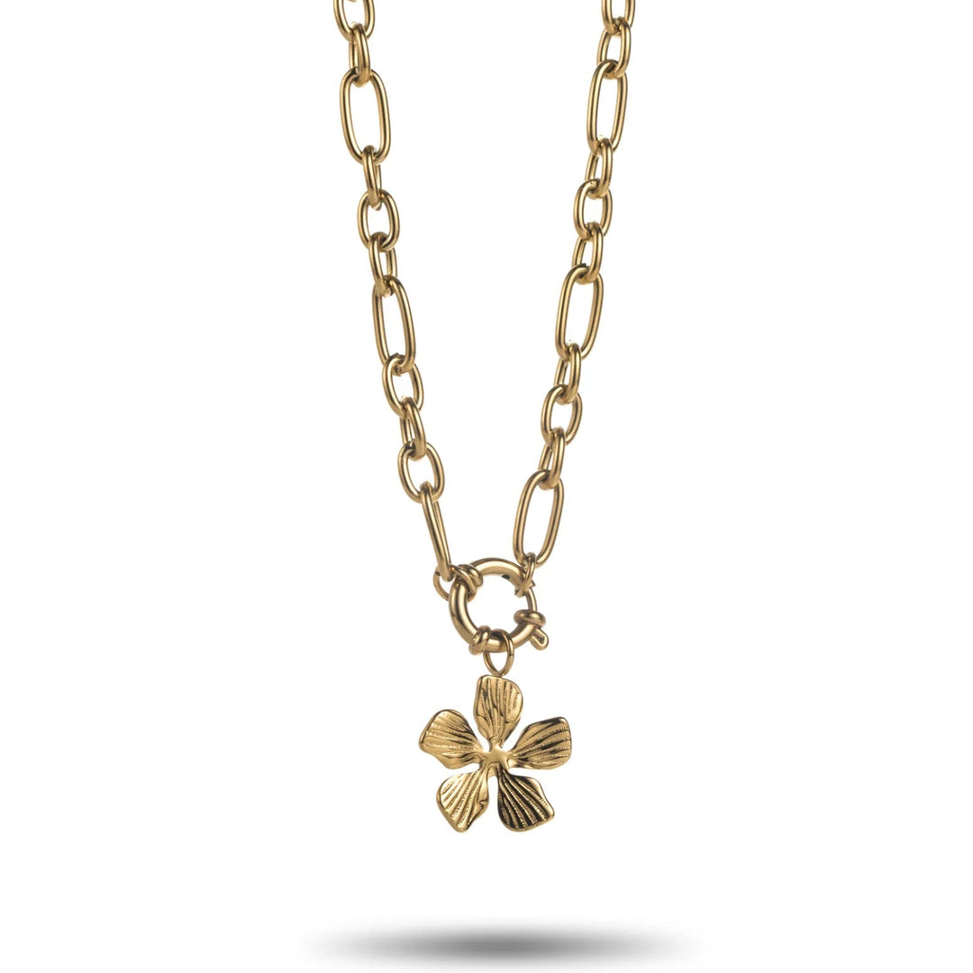 Collier doré en acier inoxydable avec chaîne maille et pendentif fleur, bijou femme élégant et tendance.