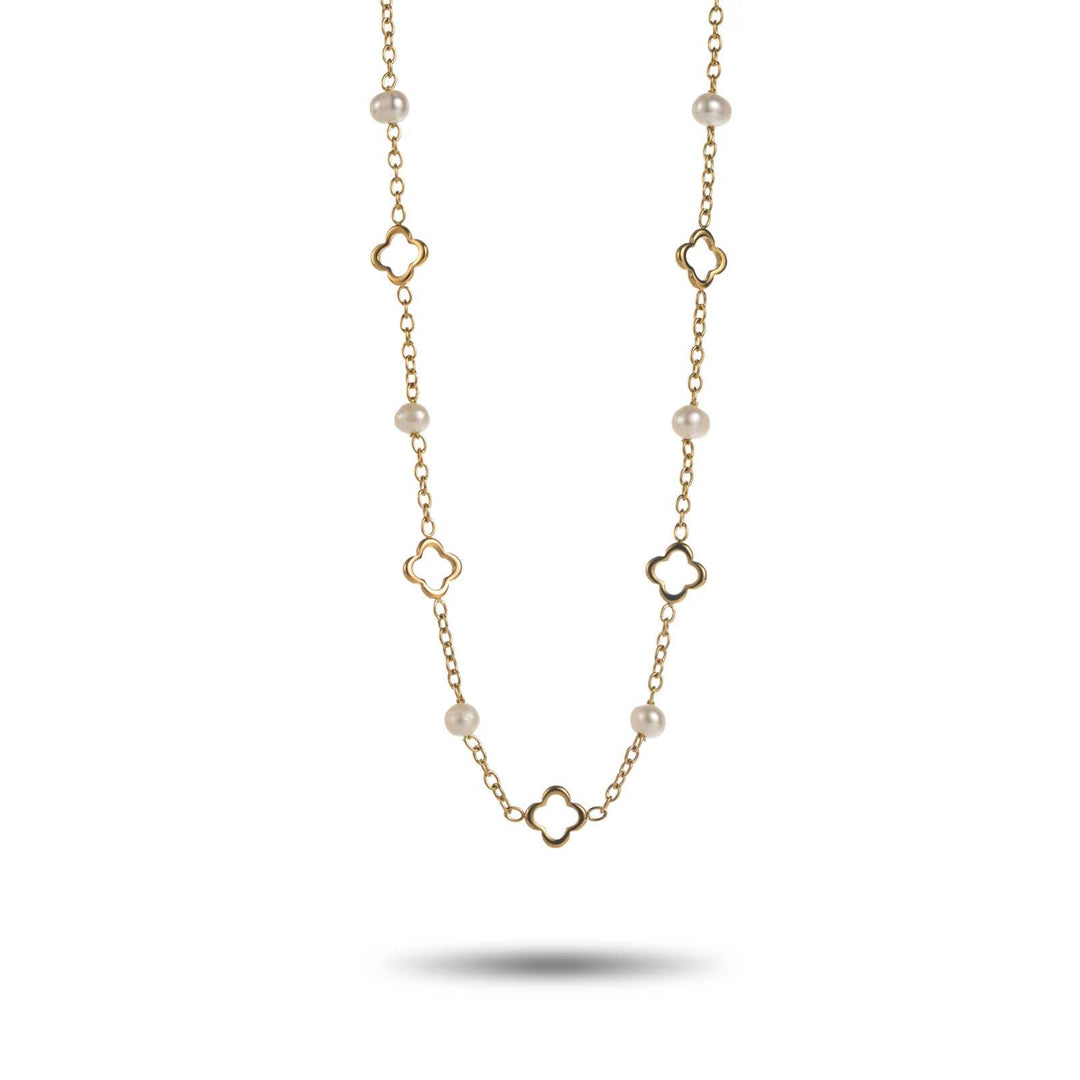 Collier fin doré avec mini trèfles et perles nacre