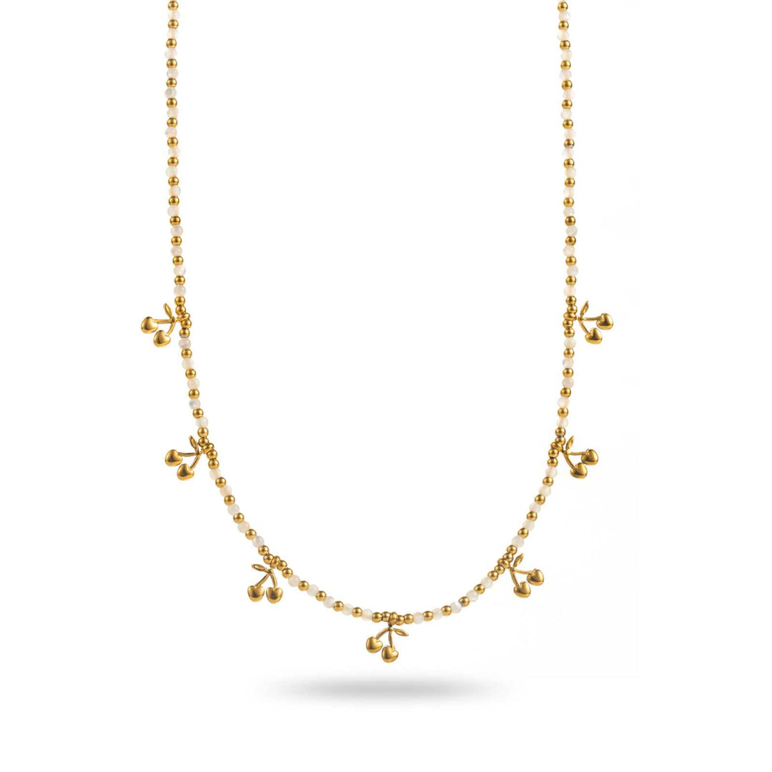 Collier fin nacre avec cerises dorées en acier inoxydable
