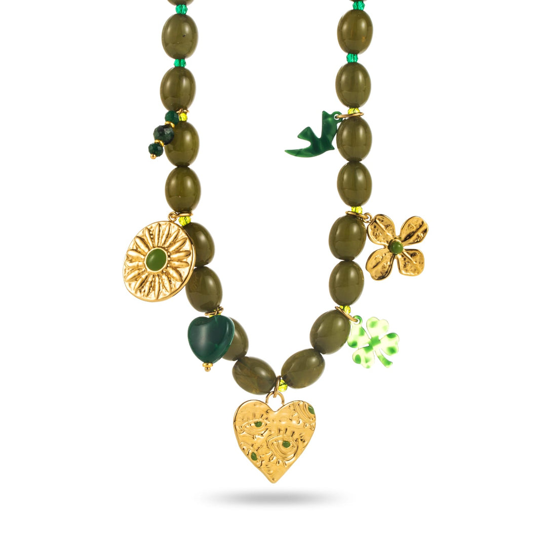 Collier perles kaki et doré en acier inoxydable avec breloques cœur, trèfle et soleil