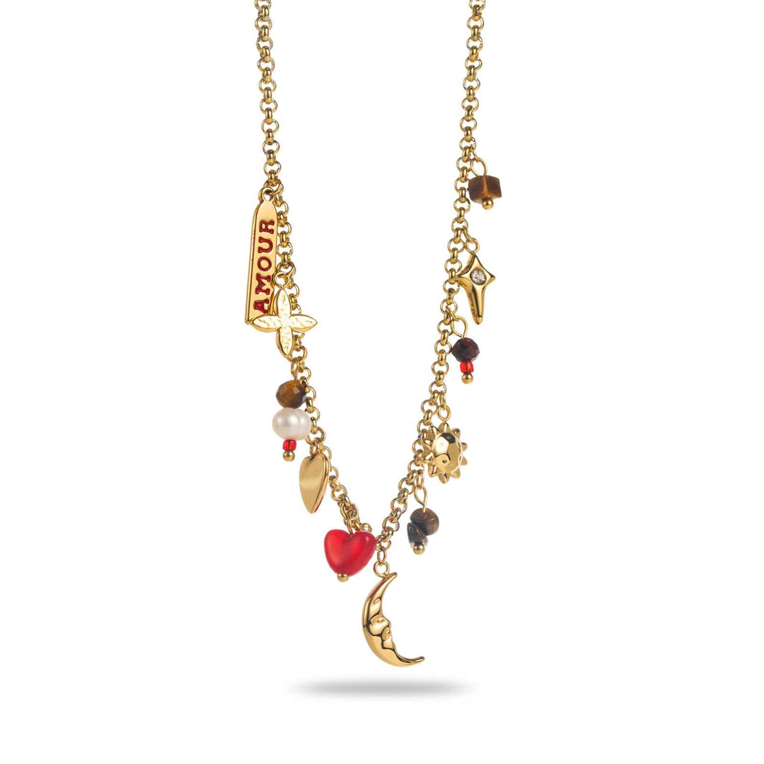 Collier petite lune doré avec charms cœur rouge sur chaîne fine
