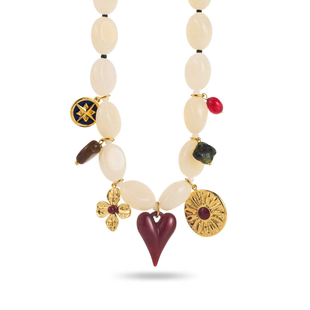 Collier en pierres blanches et acier inoxydable doré avec breloques cœur, trèfle et médaillon – Bijou réglable et hypoallergénique