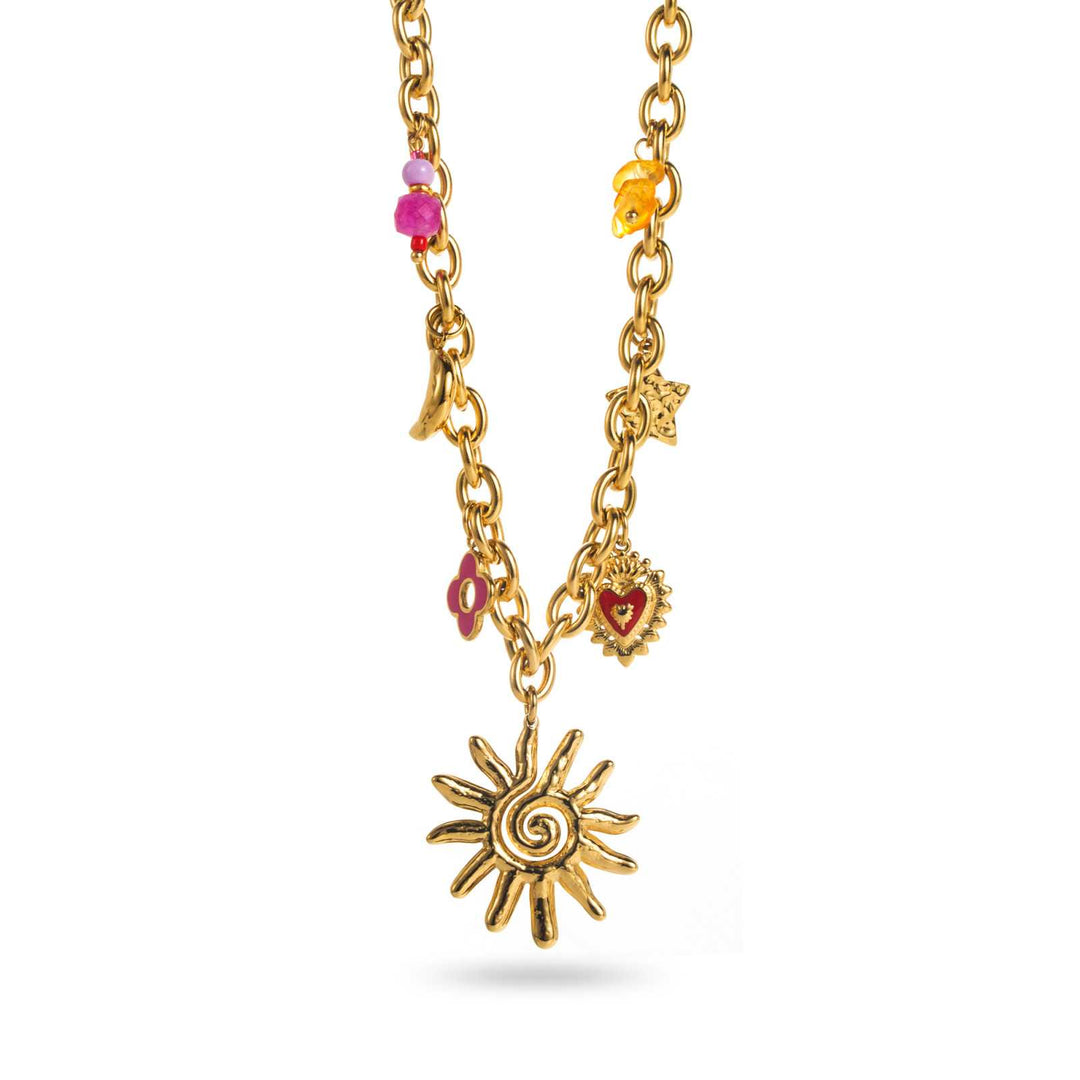 Collier Sunny doré à maillons avec breloques multicolores et soleil central en acier inoxydable réglable et hypoallergénique