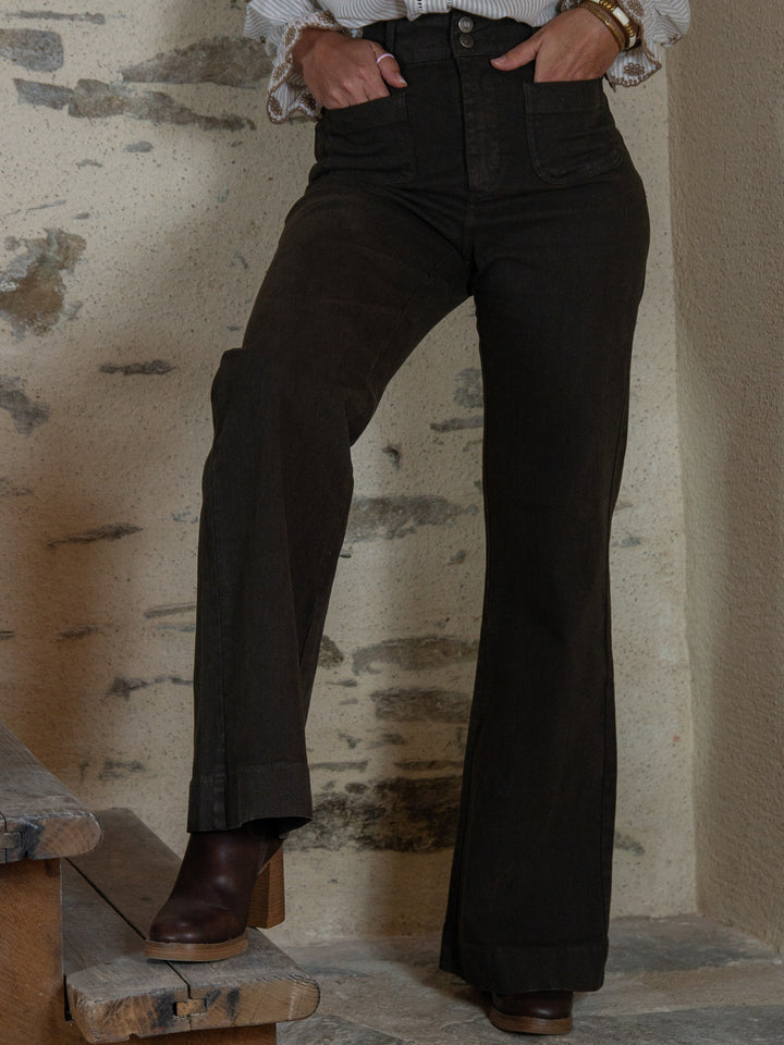 Jean denim chocolat ELENA Oraije taille haute avec poches avant