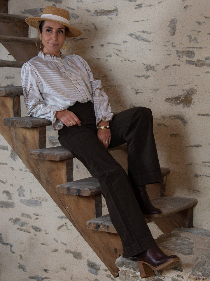 Look complet avec jean denim chocolat ELENA Oraije et chemise à rayures