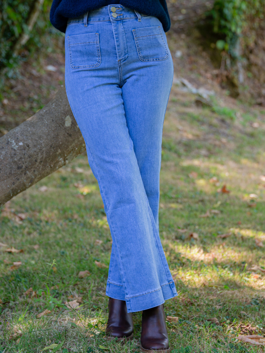 Jean denim clair ELENETTE Oraije femme coupe droite taille haute avec poches avant