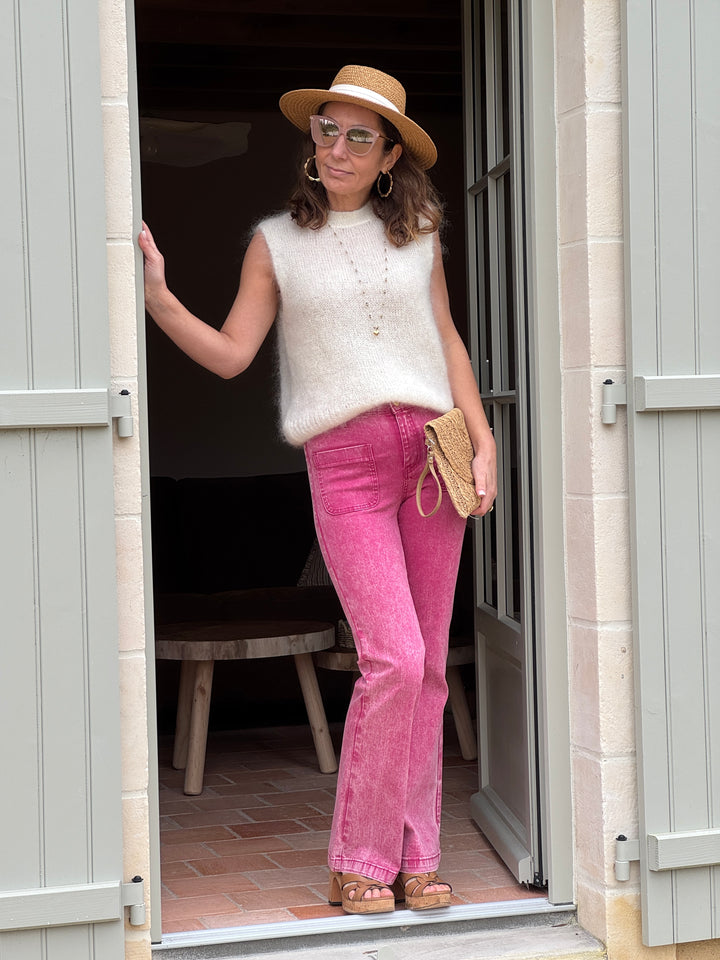 Jean flare framboise délavé femme modèle Sonny La Petite Étoile, coupe évasée tendance et confortable pour un look moderne et féminin
