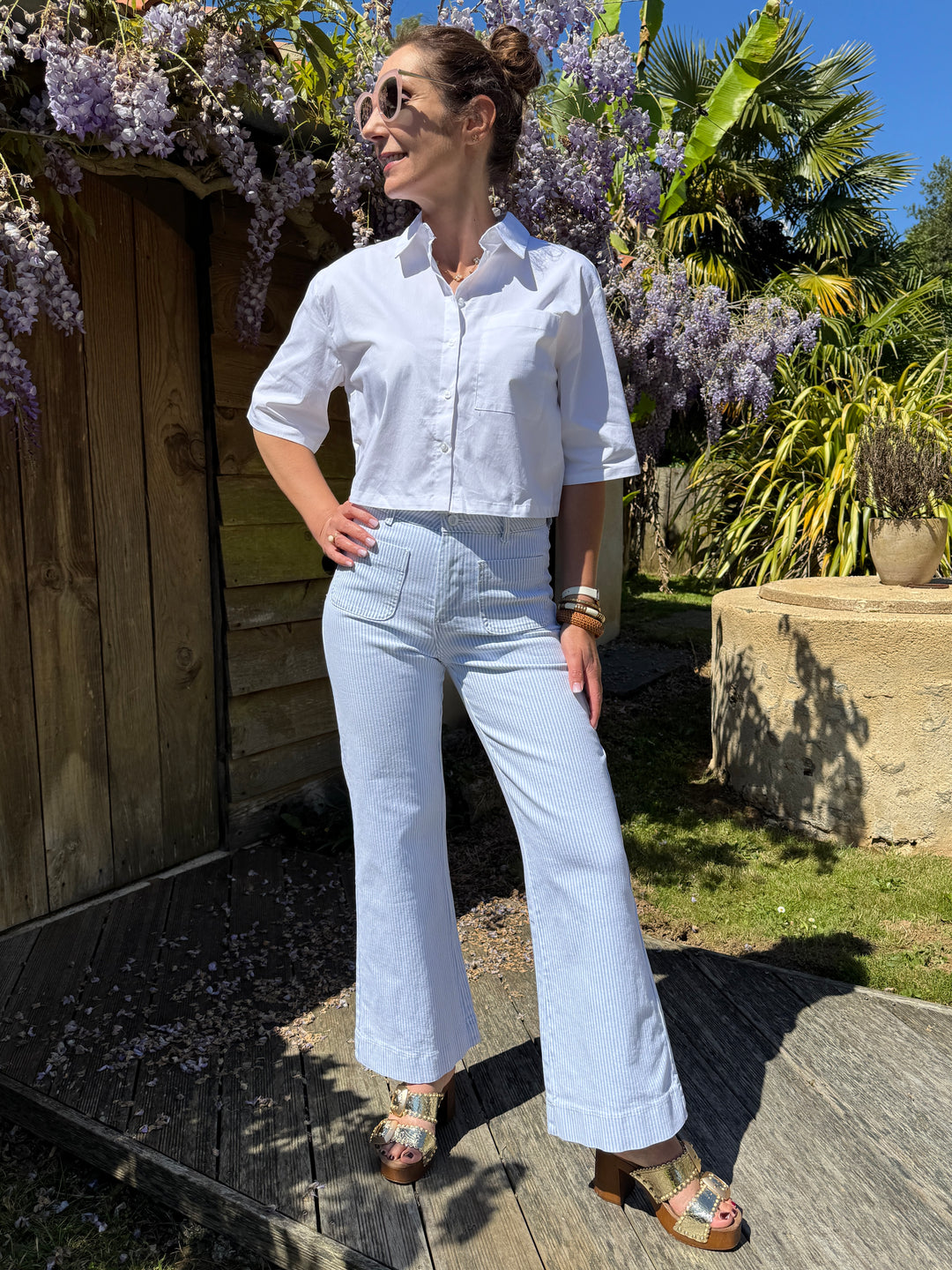 Jeans denim rayé blanc et ciel ELENETTE Oraije