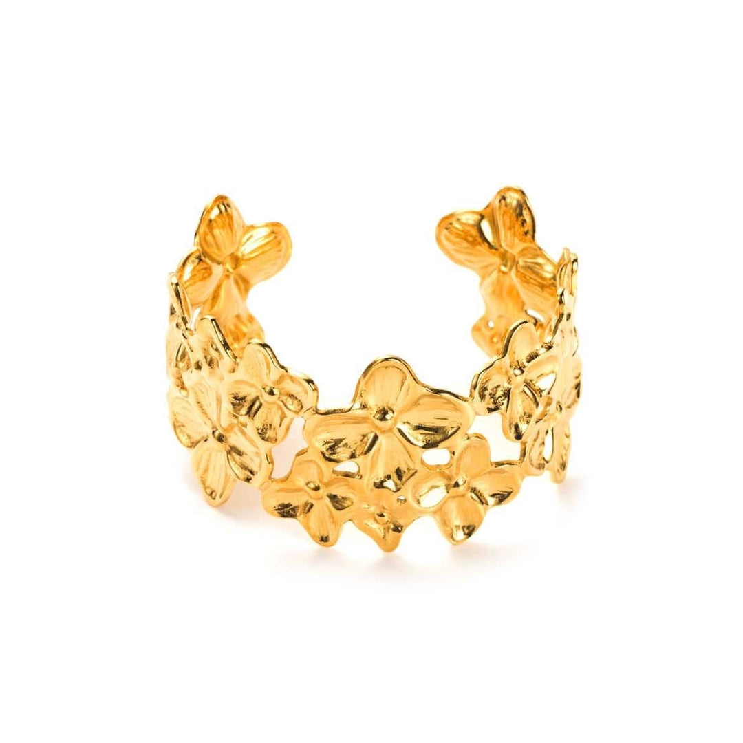 Jonc doré manchette farandole de fleurs en acier inoxydable réglable