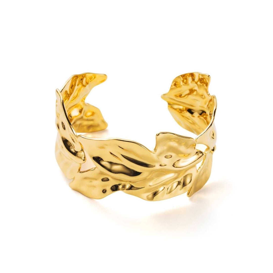 Jonc doré en acier inoxydable avec motif farandole de fleurs, manchette réglable hypoallergénique et résistante à l’eau