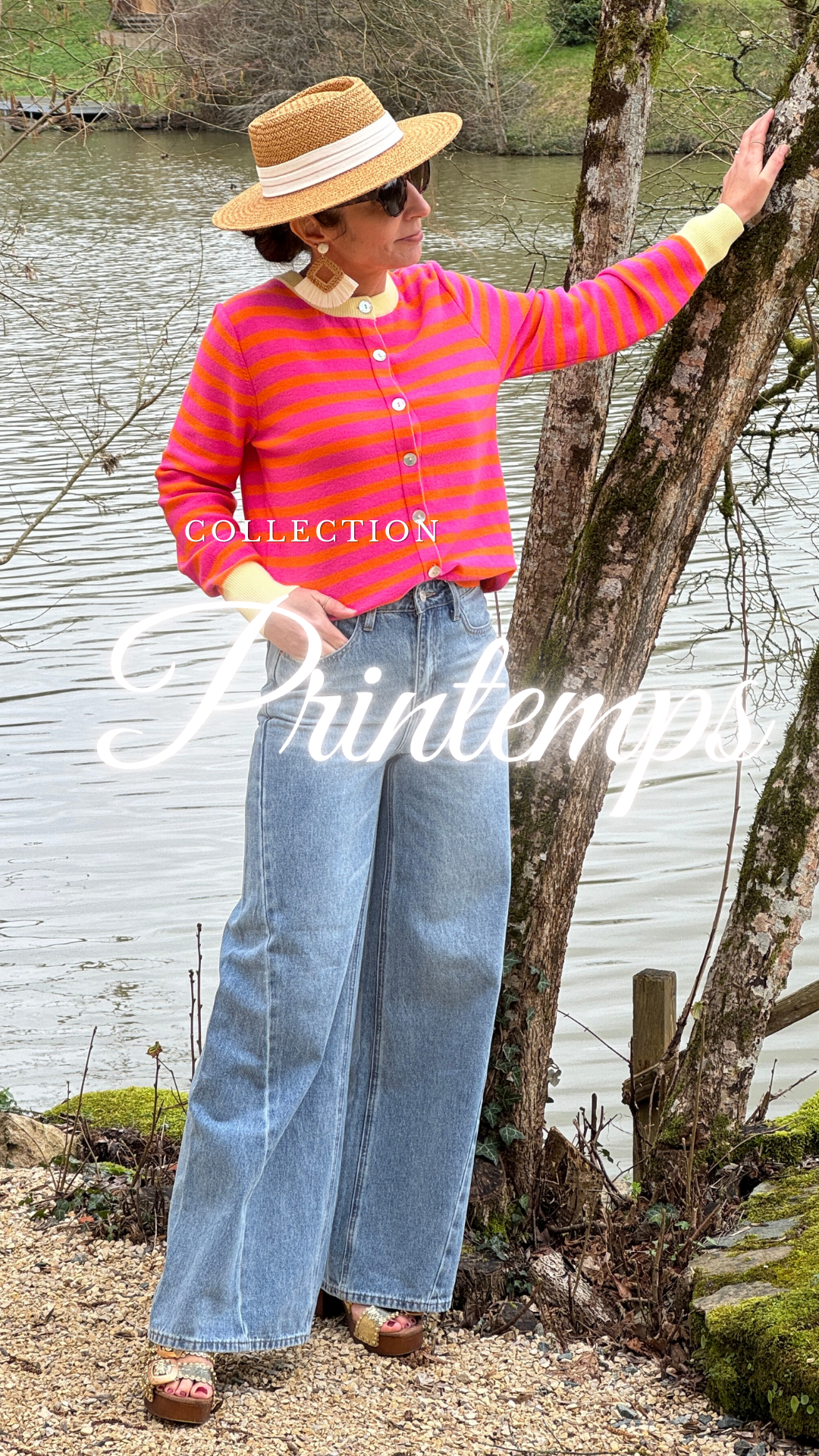 Nouvelle collection printemps avec le jean BARNES Oraije et un magnifique gilet à rayures orange et fuchsia