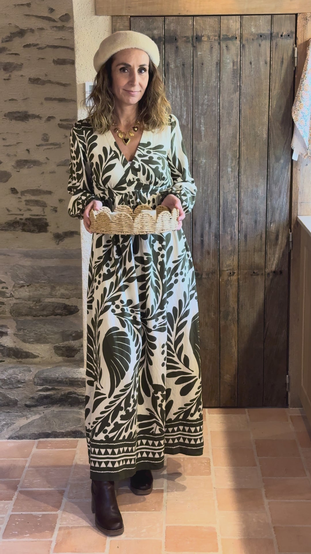 Robe longue écru imprimé florale kaki EUGENIE