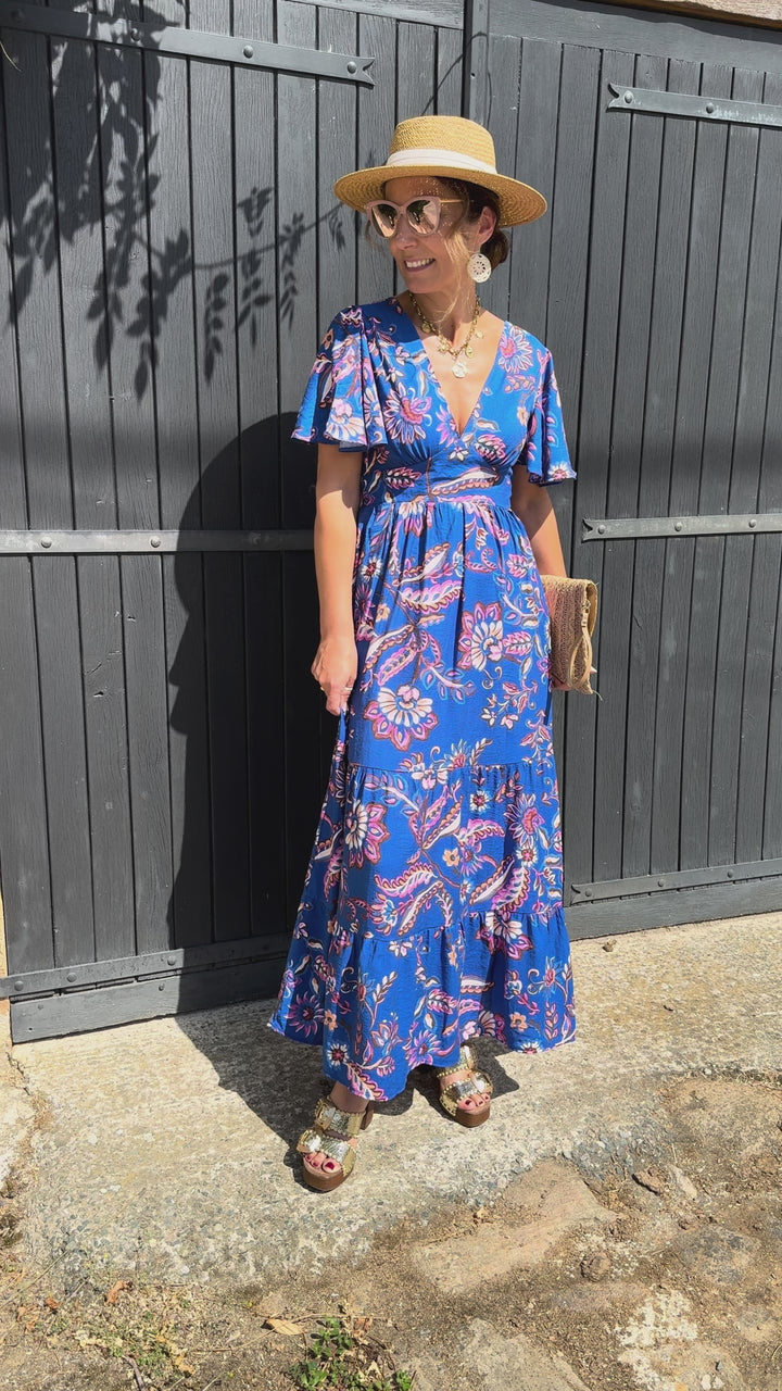 Robe longue bleu roi imprimé floral rose ATHENA