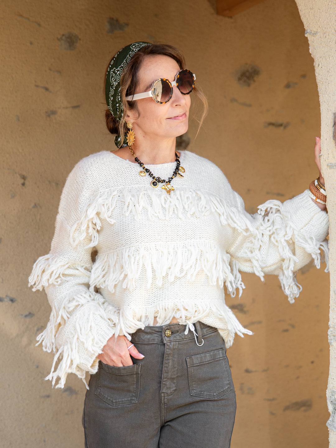 Pull à franges blanc original et chic pour femme