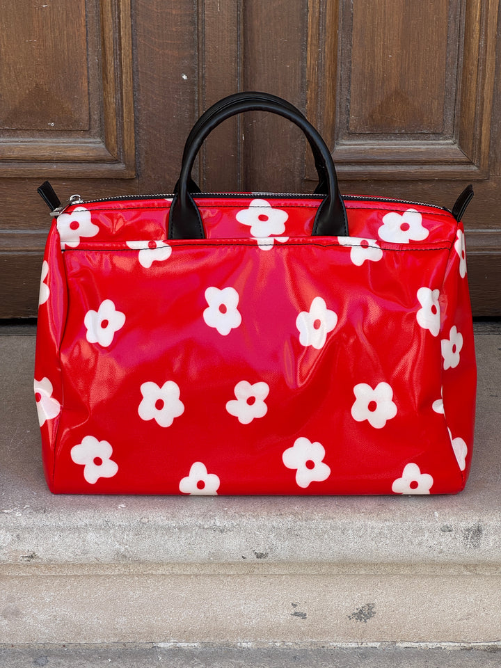 Sac bowling n°180 Hippocampe rouge à imprimé fleurs blanches, sac à main léger et coloré au style rétro.