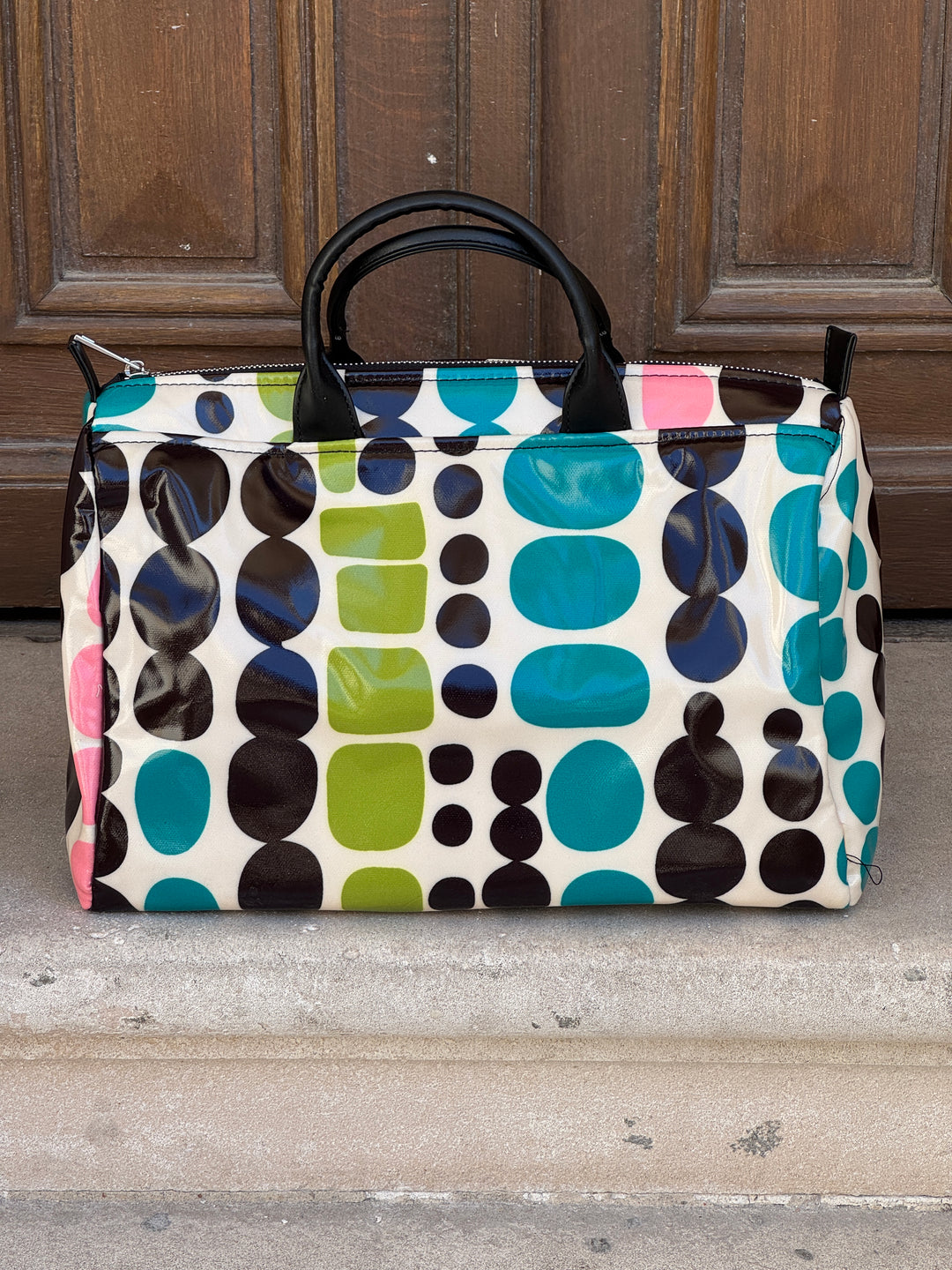 Sac bowling n°185 Hippocampe à imprimé graphique multicolore, sac à main léger avec anses noires.