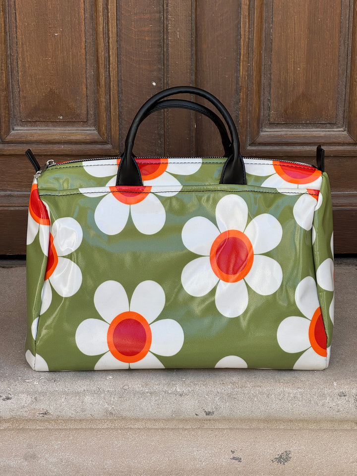 Sac bowling n°39 Hippocampe à imprimé marguerites blanches et orange sur fond vert, sac à main femme léger et rétro.