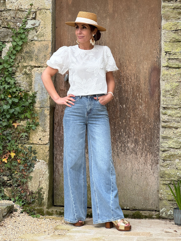 Top blanc à manches courtes bouffantes avec broderie florale ajourée et col rond, coupe courte romantique idéale pour le printemps et l’été